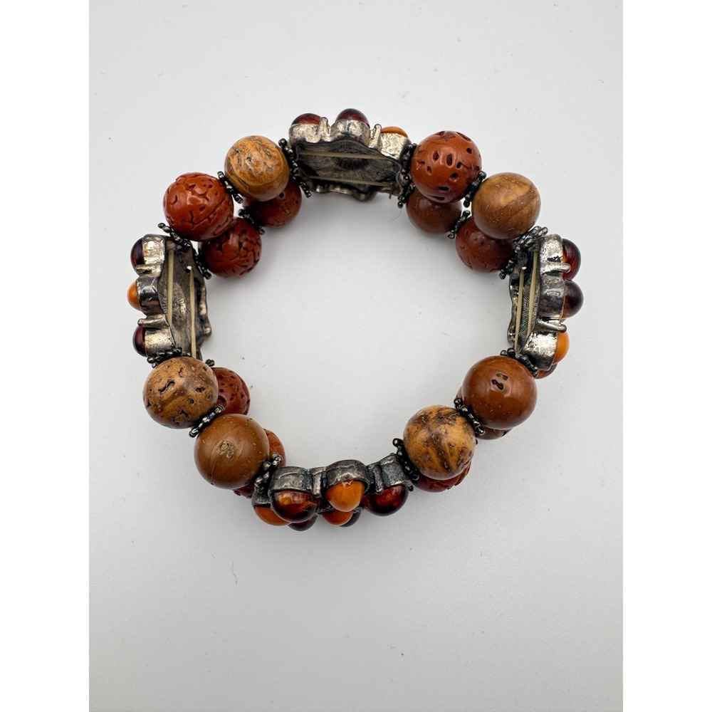 Vintage Boho Bracelet Carved Earth Tone Bead Double Strand Flower Stretch - Picture 2 of 9